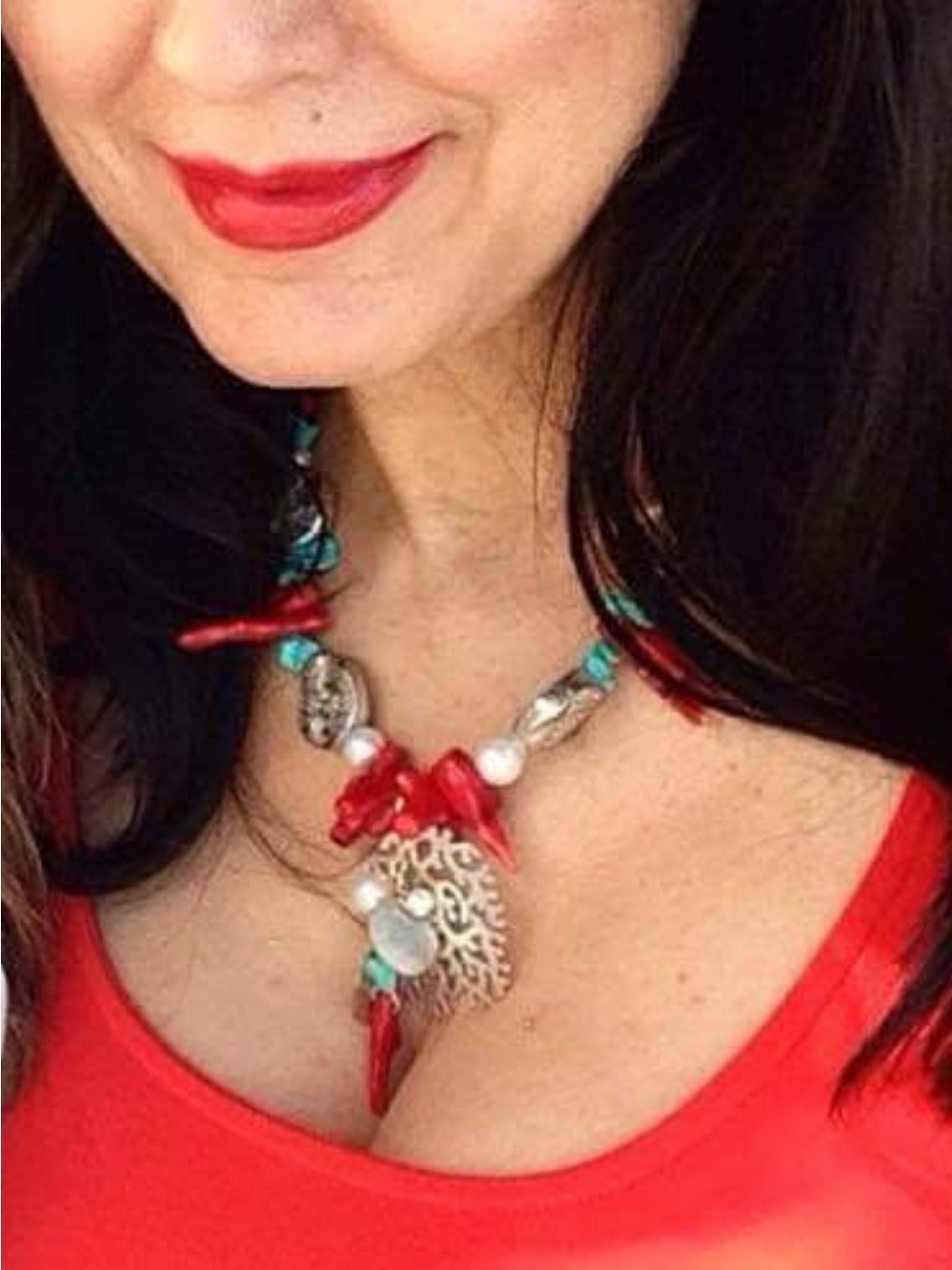 Red Coral and Turquoise Statement Necklace - Women Jewelry